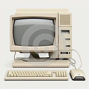 Old computer station with keyboard on white background, created using generative ai technology