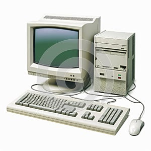 Old computer station with keyboard on white background, created using generative ai technology