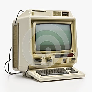 Old computer station with keyboard on white background, created using generative ai technology