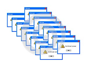 Old computer window, Critical error. Blank template window in retro style. Error message