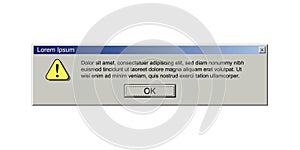 Old computer window with error message. Retro pc interface with problem or glitch, vintage web browser alert, software