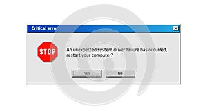 Old computer window. Popup critical error. System reboot request. Classical program notification with buttons