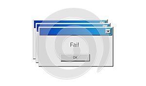Old computer window. Popup fail. Square frame with system error message and buttons. Interface design of program