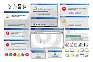 Old computer window. Popup warning, error and installation windows, media player and file manager classic retro design