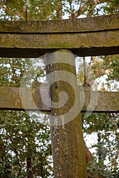 Old concrete Shinto Torii gate covered in moss, Nobeoka, Japan