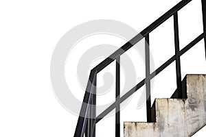 Old concrete stair and black iron bar isolate on white background.