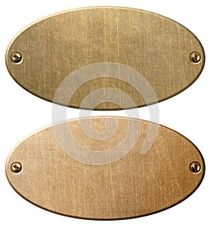 Old copper and brass oval metal plates with clipping path 3d illustration