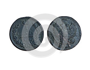 Old copper coin of the Russian Empire isolated on white