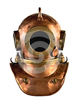 Old copper diving helmet isolated on white background