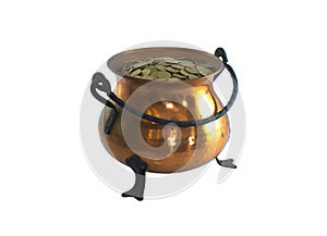 Old copper pot with coins