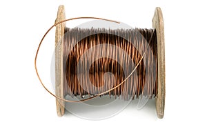 Old copper wire coil isolated on white