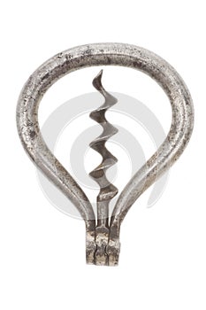 Old corkscrew on white background