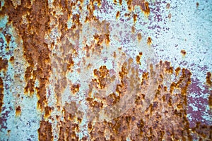 Old corroded metal wall background with flaky blue green paint .Rusty flaky cracked metal surface.Abstract the surface texture of