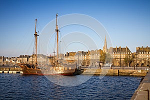 Old corsair ship in the port of Saint-Malo, Brittany, France