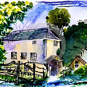 Old country house in crayon style, romantic country corner, genius loci ai Generated, generative AI, CGI graphics photo