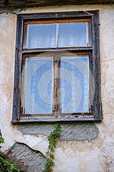 old countryside house window frame with glass and red grapevine vines