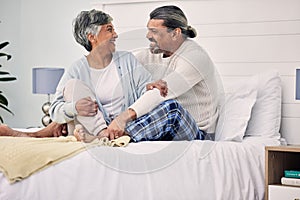 Old couple in bedroom together, hug with love and comfort, morning routine and happiness with bonding at home