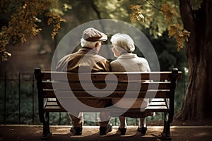 Old couple on bench park. Generate Ai