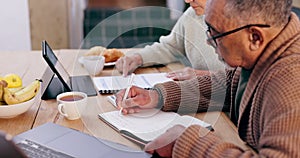 Old couple with bills, calculator and home budget for mortgage, payment with laptop and tablet. Financial documents