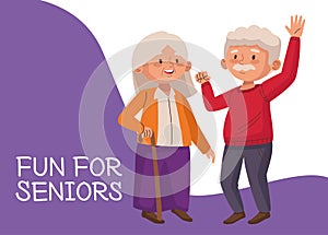 Old couple with cane and lettering active seniors characters