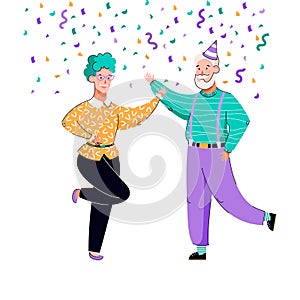 Old couple celebrating and dancing under colorful confetti