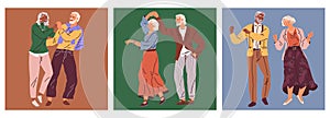 Old couple dance. Vector illustration. Happy grandmother and grandfather couples hugging