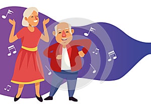 Old couple dancing with music notes active seniors characters