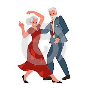 Old couple dancing to music together, man in formal suit and woman in red dress dance