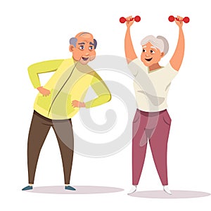 Old couple doing fitness flat vector illustration