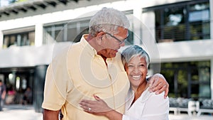Old couple, face and hug outdoor for happy retirement or holiday in Mexico for vacation, romance or love. Man, woman and