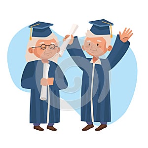 Old couple graduating active seniors characters