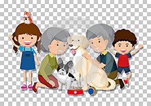 Old couple and grandchild with their pet dogs isolated on transparent background