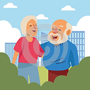 Old couple happy on the city active seniors characters