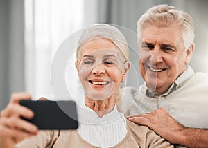 Old couple, happy in selfie and memory for social media post, love and trust while at home. People smile in picture