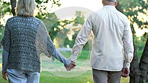 Old couple holding hands and walking in park, romantic date, love and trust