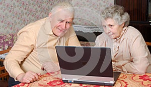 Old couple look to the laptop with active interest