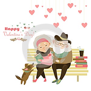 Old couple in love sitting on bench