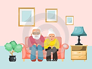Old couple lovely male female sitting sofa, ages family evening concept relax flat vector illustration. Design cozy room