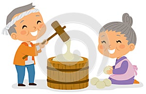 Old Couple Making Mochi Rice Cake