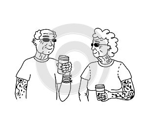 Old couple of man and woman with tattoo drinking tea or coffee together. Line art doodle illustration for print, graphic