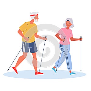Old couple nordic walking. Outdoor activity and healthy