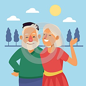 Old couple outdoor scene active seniors characters