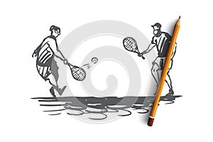 Old, couple, play, tennis, senior concept. Hand drawn isolated vector.