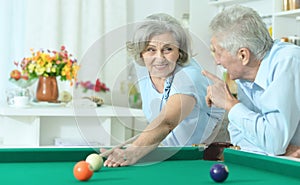 Old couple playing billiard