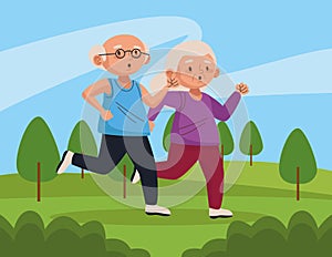 Old couple running in the park active seniors characters