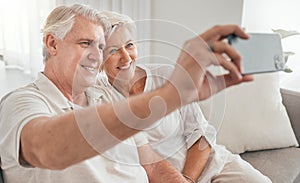 Old couple, selfie and happy on sofa in home, living room or apartment in retirement with post on social media. Mature