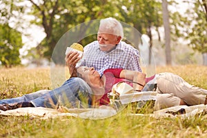 Old Couple Senior Man And Woman Doing Picnic