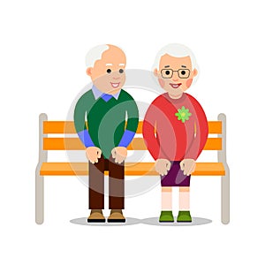 Old couple sit on bench. An elderly man sits on bench and smiling looking at an elderly woman sitting next to him. Illustration of