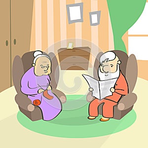 Old Couple Sitting In Armchair, Senior Lady Knitting, Man Reading