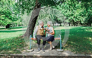 Old couple is sitting on bench in the green park. Grandmother and grandfather at their golden wedding anniversary celebration.